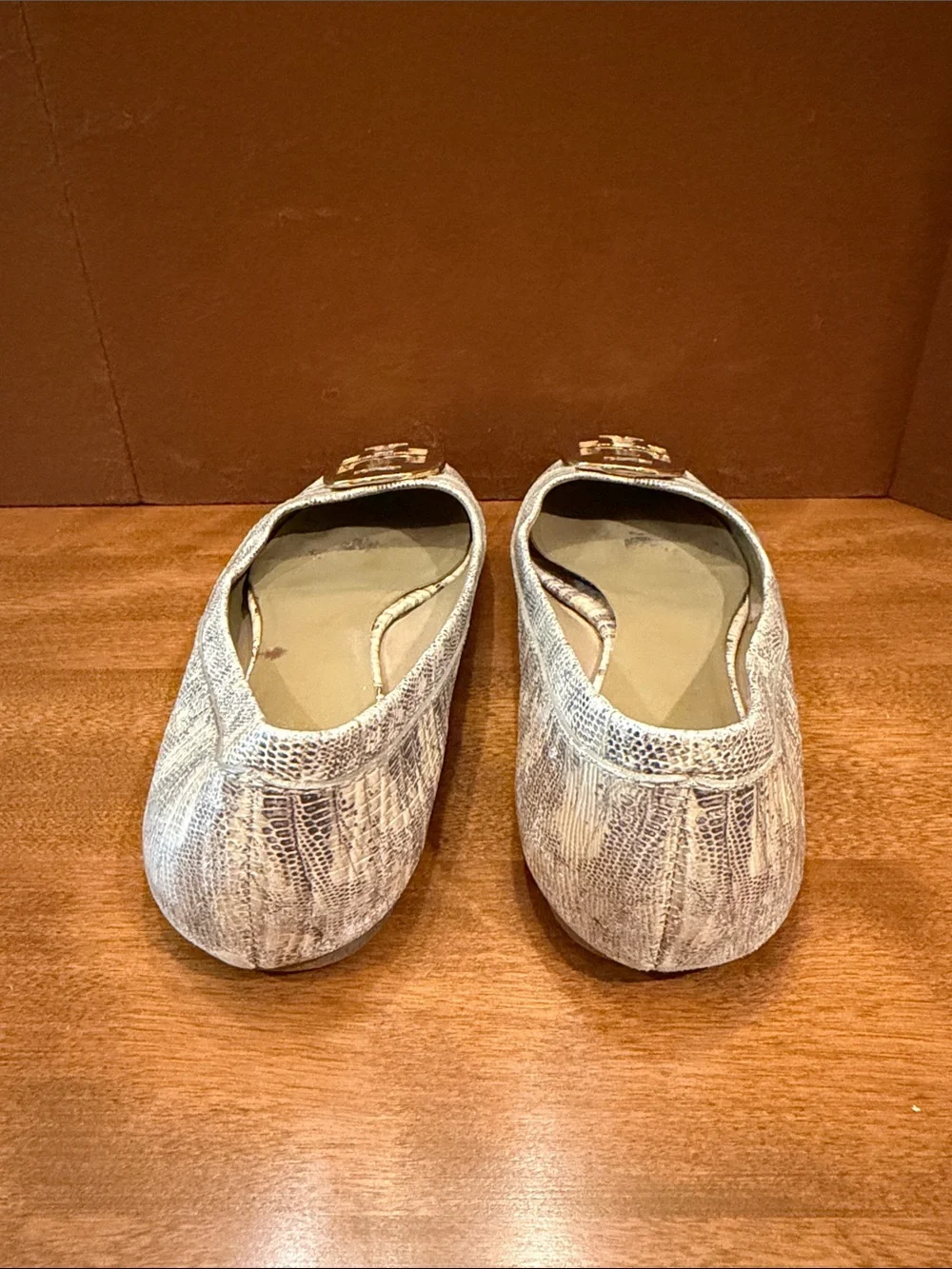 Tory Burch Light Neutral Patterned Logo Ballet Flats with Gold Medallions
